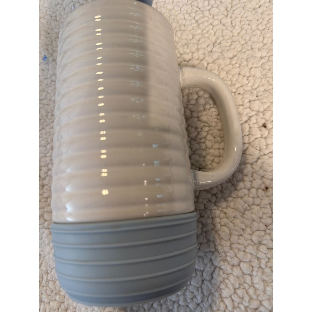 Crofton Ribbed Ceramic Travel Mug with Silicone Base and Lid Cream Blue Handle